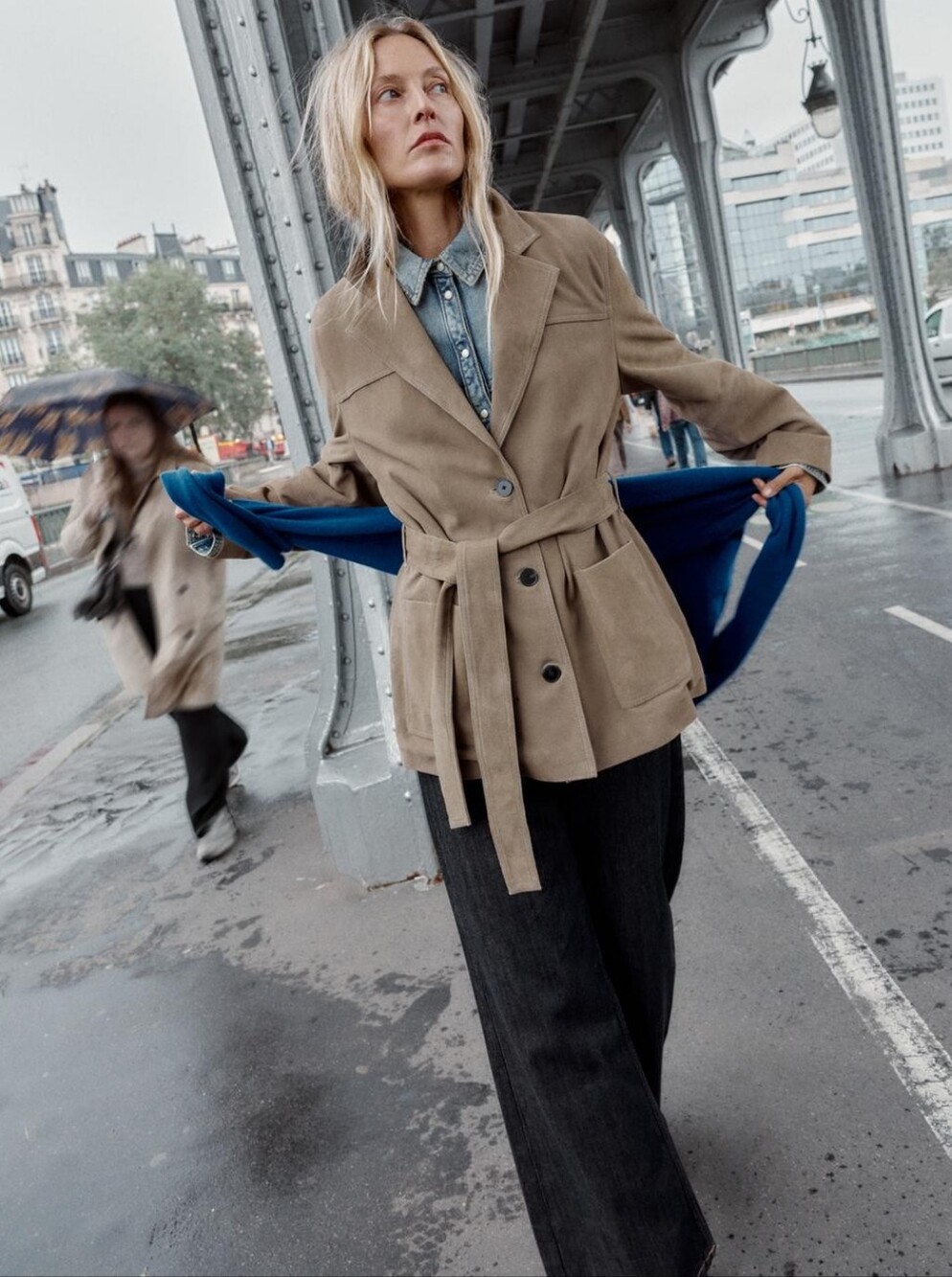 Beige Tailored Coat with Denim Shirt and Blue Knit Accent